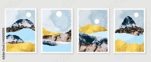 Gold mountain background vector. Mid century landscape art with sun and moon, Sea and Ocean. Modern contemporary art design for acrylic canvas , digital Prints, wallpaper, Poster, metal poster prints