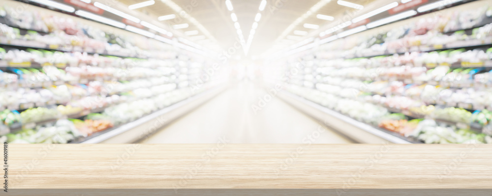 Wood table top with supermarket grocery store blurred background with bokeh  light for product display Stock Photo | Adobe Stock