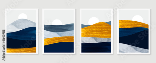 Gold mountain background vector. Mid century landscape art with sun and moon, Sea and Ocean. Modern contemporary art design for acrylic canvas , digital Prints, wallpaper, Poster, metal poster prints