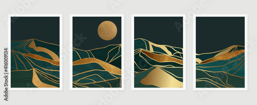 Gold mountain background vector. Mid century landscape art with sun and moon, Sea and Ocean. Modern contemporary art design for acrylic canvas , digital Prints, wallpaper, Poster, metal poster prints