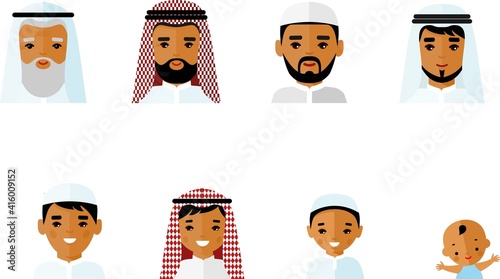All age group of arab people. Generations arabian man.Stages of development people - infancy, childhood, youth, maturity, old age. Set of age group arabic avatars in colorful style.

