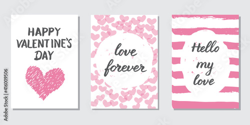 Set of 3 Valentines day cards. Trendy prints in pink colors with hand drawn phrases. Lettering compositions. Greeting postcards in simple style. Romantic doodle illustration. Seasonal design, poster