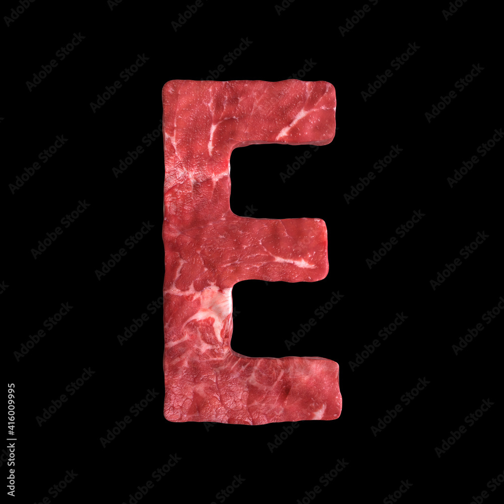 Meat Alphabet on black background, Letter E Meat Alphabet on black background, Letter E