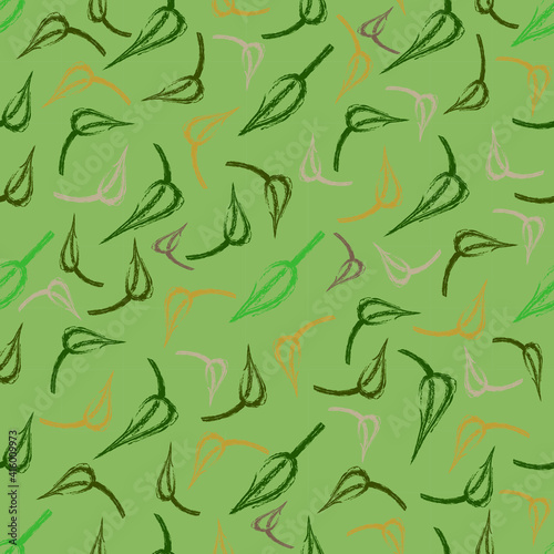 Trendy green and brown leaves on a green background. Abstract spring botanical pattern. Colorful pastel ornament. For textile, fabric, wallpaper and background. Vector.