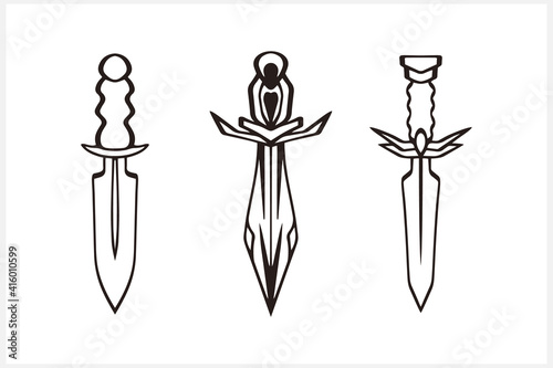 Vintage dagger icon isolated on white. Doodle art line. Sketch knife. Vector stock illustration. EPS 10