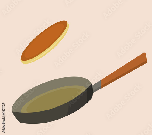 Tasty american pancake on a frying pan.Flipping the pancake on the pan. Shrovetide. Maslenitsa. Flat vector illustration
