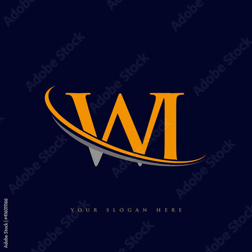 initial letter WI logotype company name yellow and grey swoosh design. isolated on dark background.