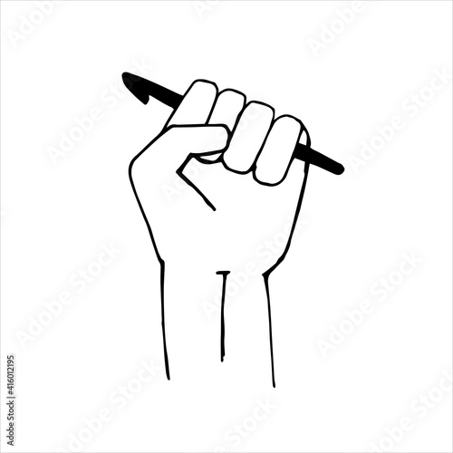 vector illustration drawing in doodle style. hand with a crochet hook. concept of needlework, knitting, crocheting hobby.