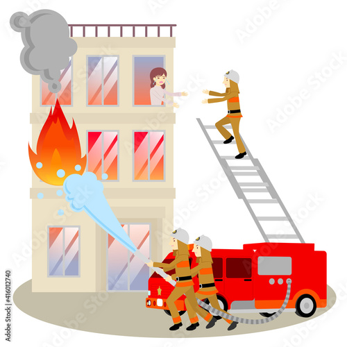 ビル火災、消火活動、救助活動／Building fire, fire fighting, rescue activities