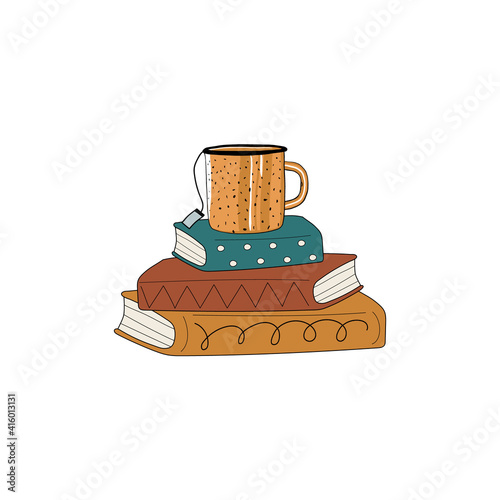 Stack of books with mug of tea flat vector illustration. Hardback books with colorful covers. Design for holidays, literacy, library, reading, education, teaching, learning concept isolated on white.