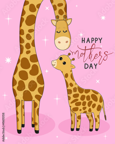 Vector cartoon card. Happy mother s day with giraffe family on pink background.