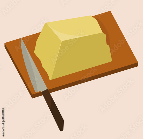 Big piece of butter on a wooden board with a knife. Shrovetide. Maslenitsa. Flat vector illustration