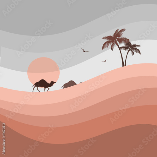 Sunset in the desert. Camels walking to the oasis. Background illustration. Vector graphics.