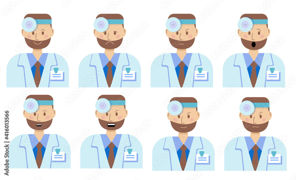 An optometrist. Emotions of a young ophthalmologist. Isolated on a white background. Vector illustration in cartoon style. Joy, cunning, anger, anger, sadness, surprise, contempt, calm. An optometrist. Emotions of a young ophthalmologist. Isolated on a white background. Vector illustration in cartoon style. Joy, cunning, anger, anger, sadness, surprise, contempt, calm.