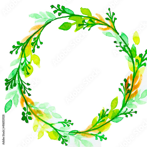 A beautiful wreath of leaves and flowers. Materials: liner and watercolor. Colors: Pink, green and blue.