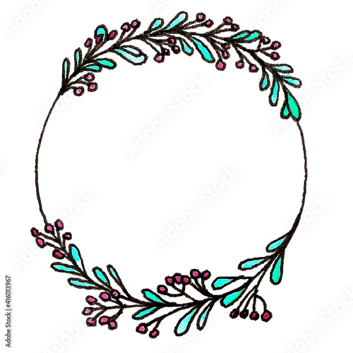 A beautiful wreath of leaves and flowers. Materials: liner and watercolor. Colors: Pink, green and blue.
