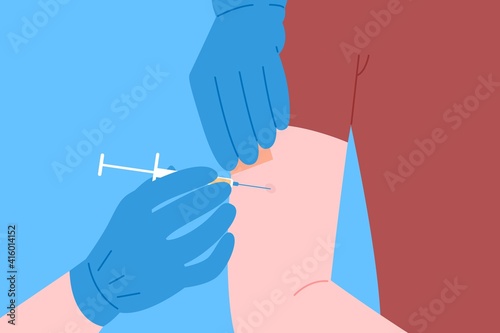 Vaccination concept for immunity health. Vaccine anti Covid-19. Doctors makes an injection of anti virus vaccine to pacient in hospital. Healthcare, coronavirus, prevention and immunize.