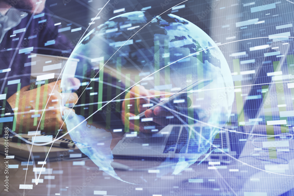 Double exposure of man's hands holding and using a phone and international business theme drawing. Double exposure of man's hands holding and using a phone and international business theme drawing.