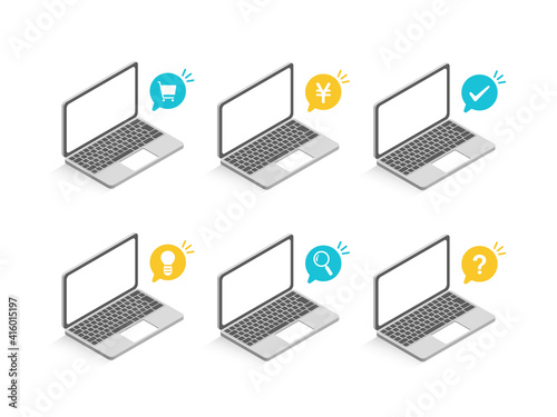 アイソメトリック ノートパソコンとアイコン吹き出しの組み合わせセット