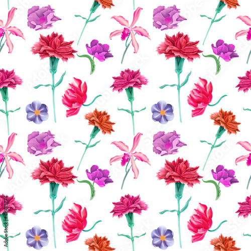 Seamless tropical flower, plant and leaf pattern background © Natalia @themishaart