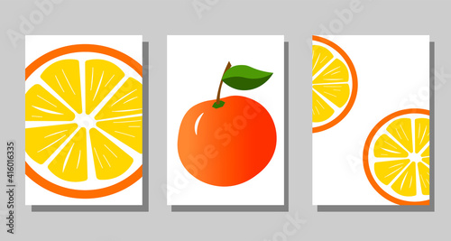 Set of posters with oranges. Bright fruits on a white background. Vector illustration. For home interior decoration and decor in restaurants, cafes, menus.