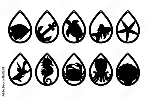 Sea life black silhouettes. Earrings cutting files templates. Basis graphics on white background