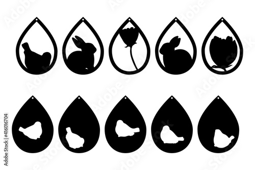 Spring, Easter black silhouettes. Earrings cut files templates. Basis graphics on white background