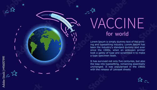 Poster accine for world. Vaccination distribution worldwide coronavirus. rocket with vaccine is flying around the earth