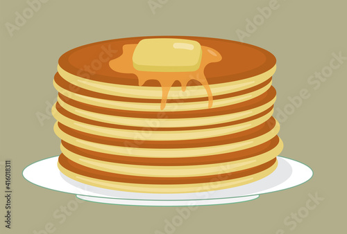 Stack of tasty american pancakes on a plate with butter and honey (syrup). Shrovetide. Maslenitsa. Flat vector illustration