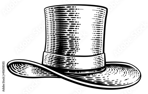 A magic or Victorian top hat drawing in a vintage retro woodcut etching style.