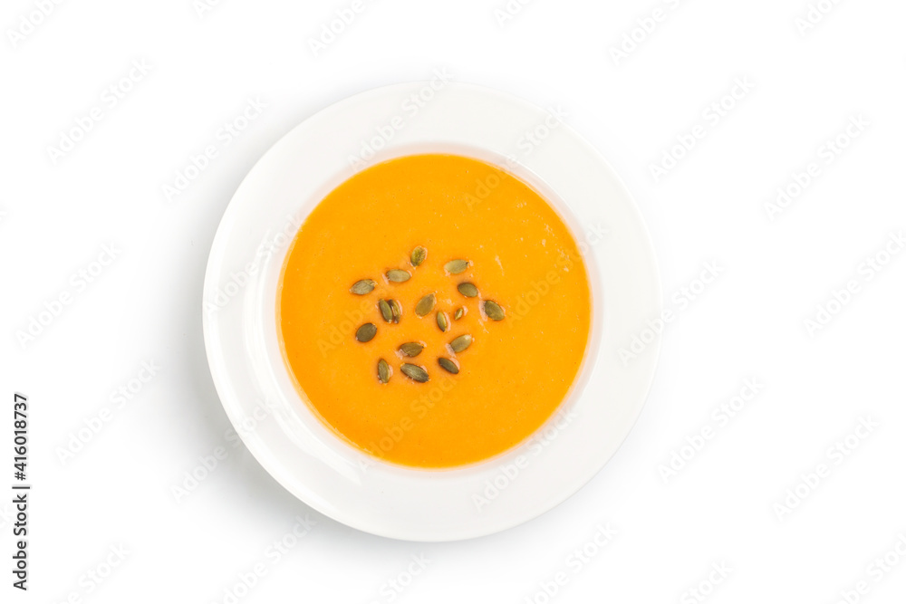 Autumn pumpkin cream soup with seeds is healthy organic vegetarian food Autumn pumpkin cream soup with seeds is healthy organic vegetarian food