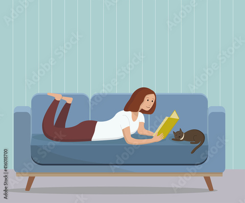 A young girl (woman) reads a book in the living room. The girl is lying on the couch with a cat. Cozy living room interior in blue tones. Flat vector illustration