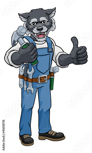 A wolf cartoon animal mascot carpenter or handyman builder construction maintenance contractor holding a hammer and giving a thumbs up