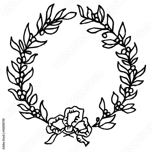 Spring wreath of olive branches with olives. The technique silhouette. The color is black.