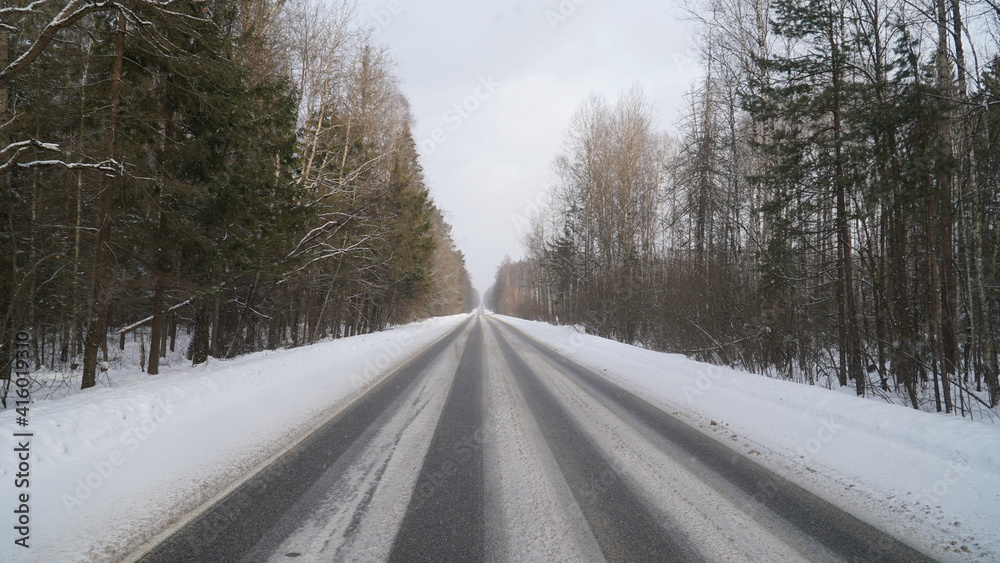 road for a car in a winter forest in a park in Moscow road for a car in a winter forest in a park in Moscow