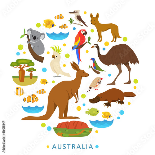 Birds and animals of Australia in round design.
