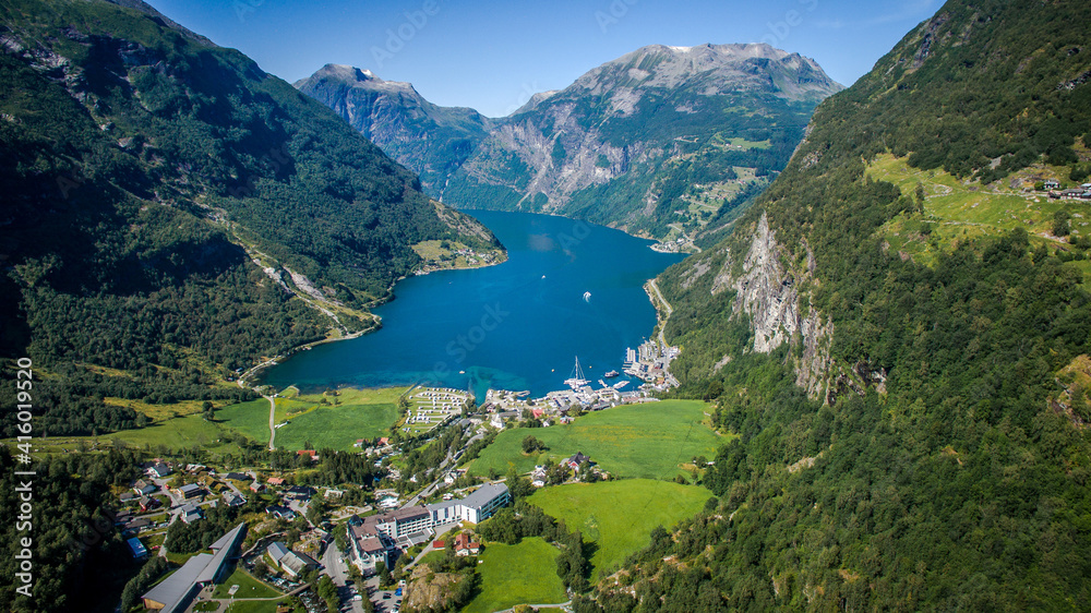 Aerial view of the port of Geiranger, Norway. Geirangerfjord and Geiranger town. Camping near a fjord in Norway 