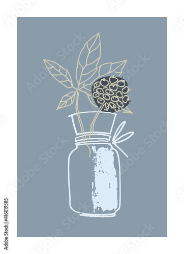 Decor printable art. Hand drawn monochrome vector illustration of elderflower in vase on gray background. Design for prints, posters, cards, textile