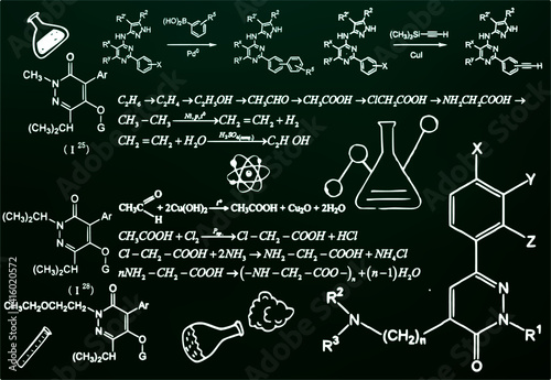 Chalk scribbles on a chemical board. Blackboard, formulas, numbers, and organic chemistry. The concept of education. Vector illustrations can be used to return to the school topic, organic chemistry