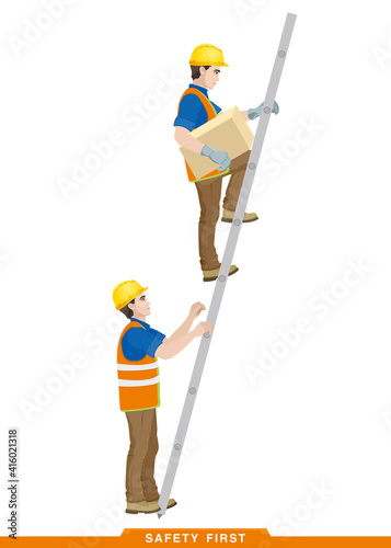 Works on the stairs. Worker, builder works with a construction tool. Vector illustration of a man constructor with instruments in his hands