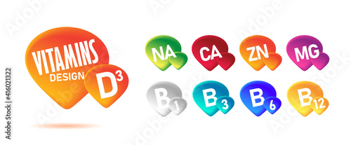 Set of graphic elements with all range of vitamins and minerals in 3d colorful drops, healthcare supplements labels