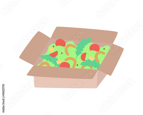 Cardboard lunch box with food, eco friendly, biodegradable, disposable tableware. Vector hand-drawn illustration.