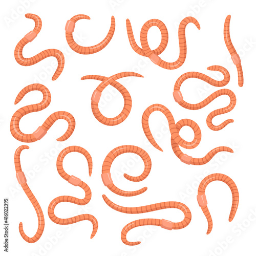 Cartoon pink worms set. Curled wiggling pests or earthworms isolated on white. Vector illustration for soil, nature, wildlife, fishing, helminthic disease concept
