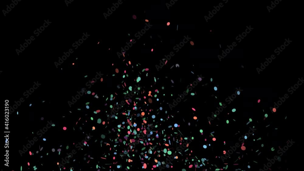 Multicolored Trendy Confetti Shooting at the Sides. Round Shape. Gunshot Popper Explosions Falling. Wedding, Birthday, Celebration, Carnival, Party or Holiday. CG with Alpha Channel. 60 fps