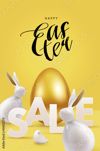 Happy Easter Sale poster, greeting card, holiday cover, flyer design in 3d realistic style with golden egg, white rabbits and little bird on yellow. Modern design for social media, advertisement, web