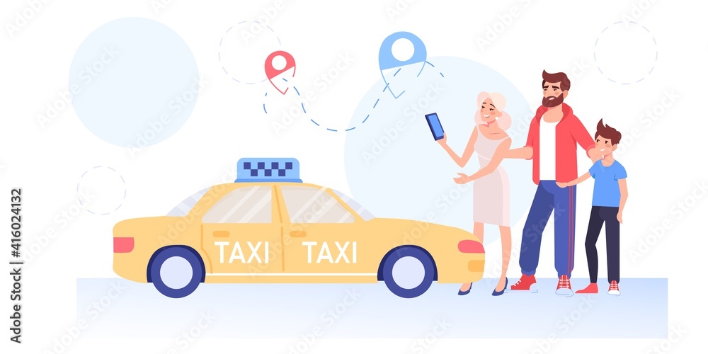 Vector cartoon flat family characters order taxi,happy smiling people,parents and kid ordering online taxi with mobile app-car service,web site design,social media concept Vector cartoon flat family characters order taxi,happy smiling people,parents and kid ordering online taxi with mobile app-car service,web site design,social media concept