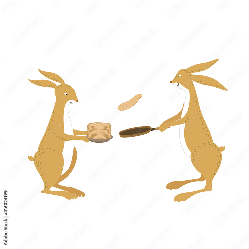 Naklejka premium Vector scene with a couple of bunnies who bake pancakes. Pancake day. Illustration for children in hand drawn style isolated on a white background. 