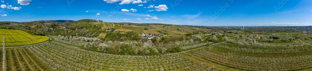 Panorama from a bird's eye view of an awakening spring landscape from above near Wiesbaden / Germany