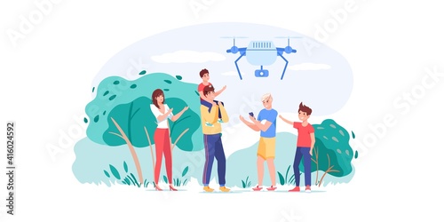 Vector cartoon flat family characters having fun play with drone at park outdoors.Boy control quadcopter flight via smartphone mobile app-happy family,toy shop,web site banner ad concept