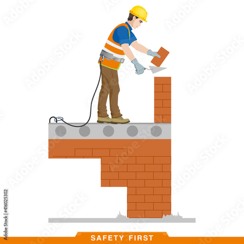 Safety first. Work rules at construction site. Safety engineering. Builder, worker, stone mason laying bricks. Vector illustration of a man in construction clothes